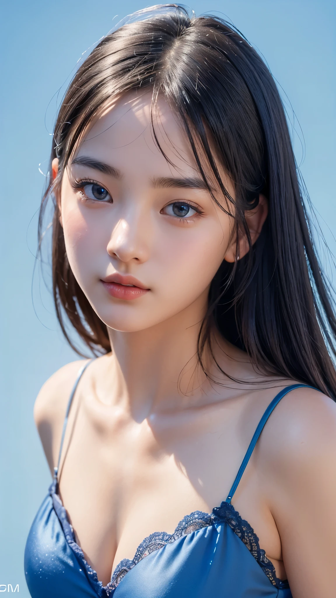 (close:1.6), masterpiece, highest quality, 8K, disorganized, beautiful girl, big breasts、cute face,Swimwear with a small area, , cute, (smokey red eye shadow with glitter, glazed pinkish red lips:0.8), surreal, High resolution, photograph, film grain, chromatic aberration, sharp focus, HDR, face light, dynamic lighting, cinematic lighting, professional shadow, background, (dull blue background:1.3), most detailed, very detailed, Super detailed, finely, real skin, delicate features, detailed face and eyes, sharp pupils, realistic student