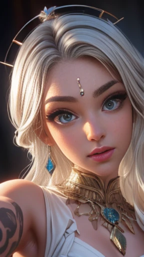 ((trabalho de arte)), ((melhor qualidade)), ((directly in sight):1.6), (tiro de vaqueiro): 1.0), (hard Luzing, volumetric Luzing: 1.0). Uma mulher, 26 anos de idade, ((platina_cabelo)), branco, silver cabelo, long cabelo, dreadlocks, platina eyebrows, ((platina_cabelo):1.0), garota linda, ((perfeito_face)), perfeito facial proportions, tamanho de olho adequado, formato de nariz adequado, Luz_verde_olhos, pele clara, pale complexion, ((perfeito_face):1.2), (perfeito body: 1.0), tatuagem tribal no corpo. --Com: 0.4