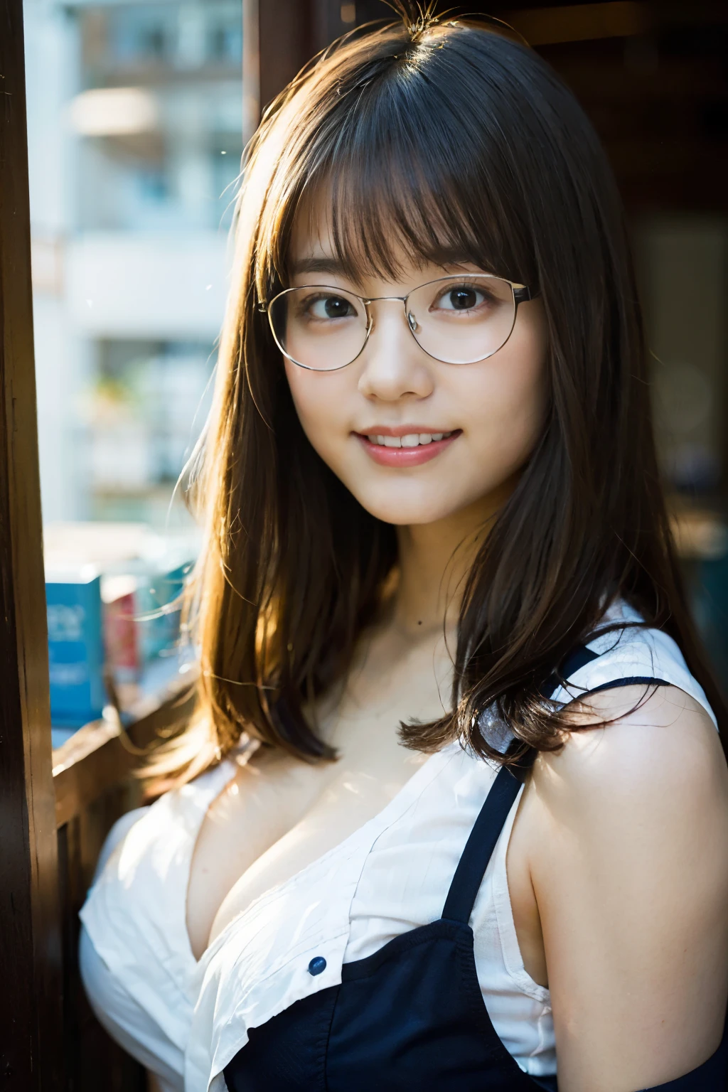 (8K、Raw photo、highest quality、masterpiece:1.2)、(realistic、Photoreal:1.37)、super detailed、Super high resolution、1 girl、see the beholder、beautiful and detailed face、laughter、narrow、(slim waist) :1.3)、Beautiful and smooth skin、skin texture、floating hair、professional lighting、human body as a whole、long hair、blonde、Japanese high school uniform、high school girl、school classroom、、E cup breast、Glasses、shy smile、baby face、bob hair、st protruding pose