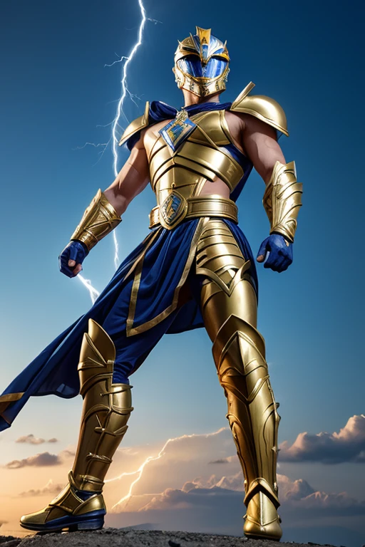 create a greek god theme metalic power ranger ,wearing helmet, armor ,lightning , ancient dress ,full body , sky background ,olympians