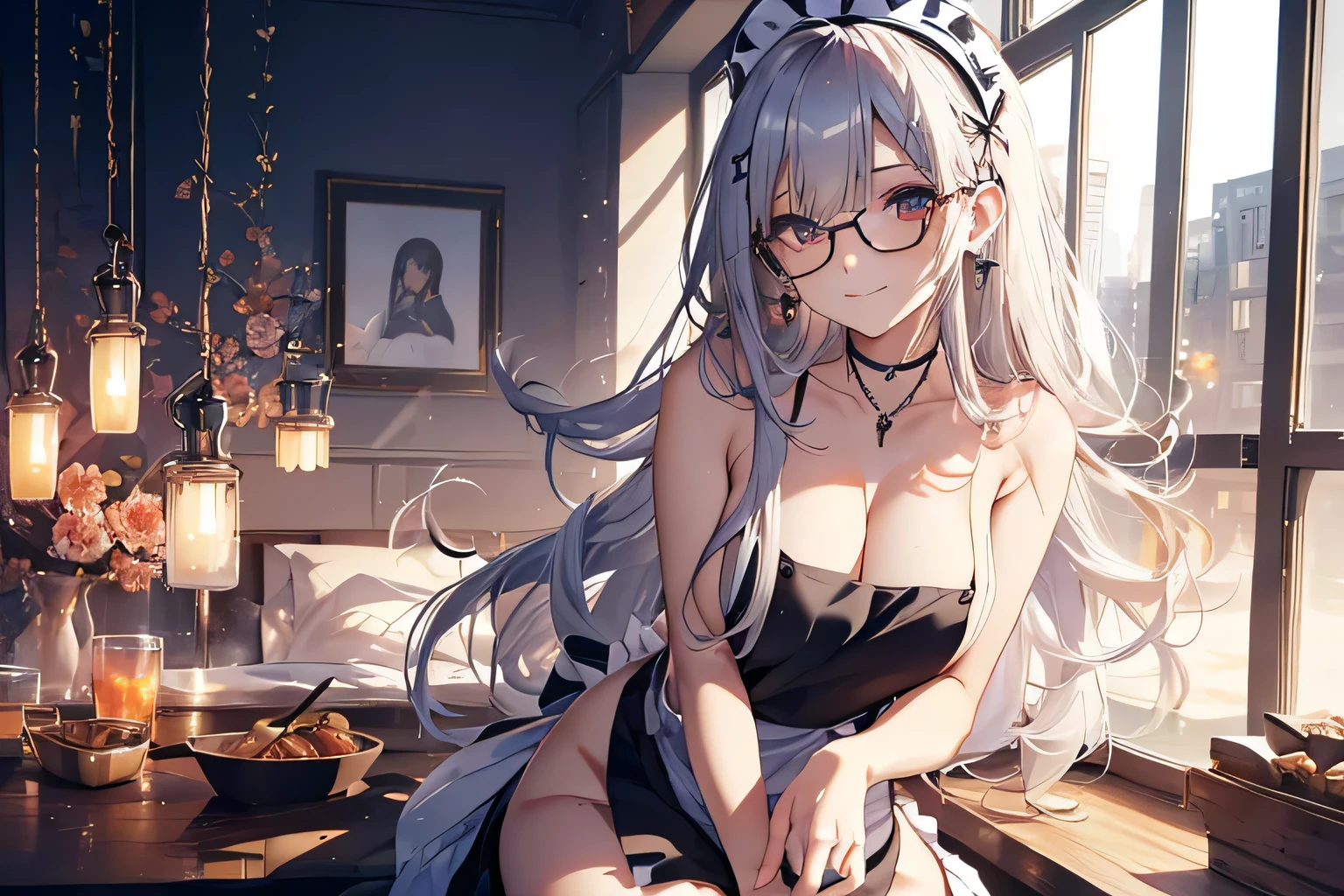 Beautiful Ala-Fed Woman,(Women only:1.7),(naked apron:1.7),Glasses,With a round face,smile gently,Fishbone hair with elaborate braid setup,Shiny silver and orange inner color,See-through bang,big and full breasts,have、big and full breastsを強調したnaked apron.,open jacket,Tight Skirt,hairpin,necklace,earrings,sit properly on the bed in the bedroom,sit properly in the bedroom(professional lighting),(In 8K,table top,highest quality,Ultra high resolution output image,),(Ultra HD with complex detail image modes),written boundary depth,beautiful hands,beautiful fingers,Detailed functions of fingers,(Detailed characteristics of hair:1.7),detailed facial features,Detailed features of the garment, Dynamic and sexy poses,Angles that look super sexy,(Composition that focuses from the face to the chest:1.3)