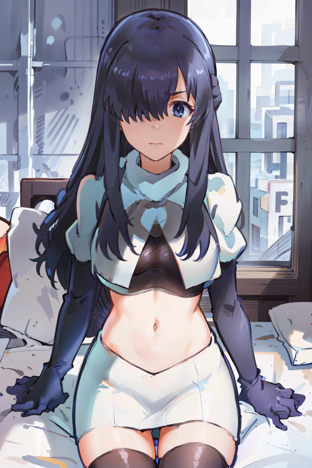 (((pixel-perfect, detail-perfect))), solo, 1girl, ayase ayatsuji, hair over one eye,looking at viewer, team rocket,team rocket uniform, red letter R, white skirt,white crop top,black thigh-highs,black elbow gloves,