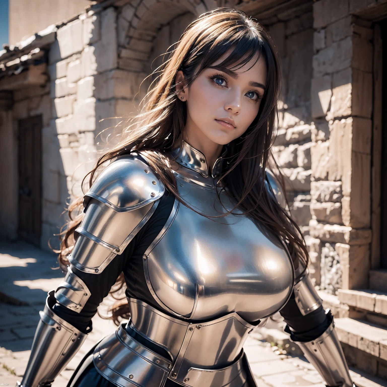 8K woman standing, facing directly at the camera, a beautiful well-turned woman in armor spoiled you, she has medium breasts, open neckline, rigid armor with raw metal. com pequenos, detalhes de pontas afiados de ouro e (bronze vermelho), futurista, com pequenos detalhes de ouro, seu cabelos muitos longo branco