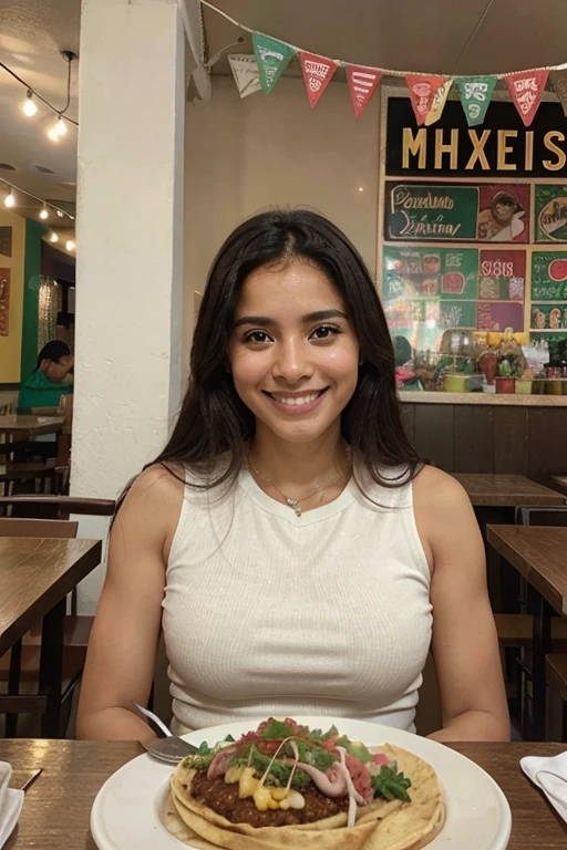 Latin woman between 25 and 30 years old, foto de instagram, realista, foto natural, comiendo tacos mexicanos, y sonriendo con dientes blancos, en un restaurante viejo