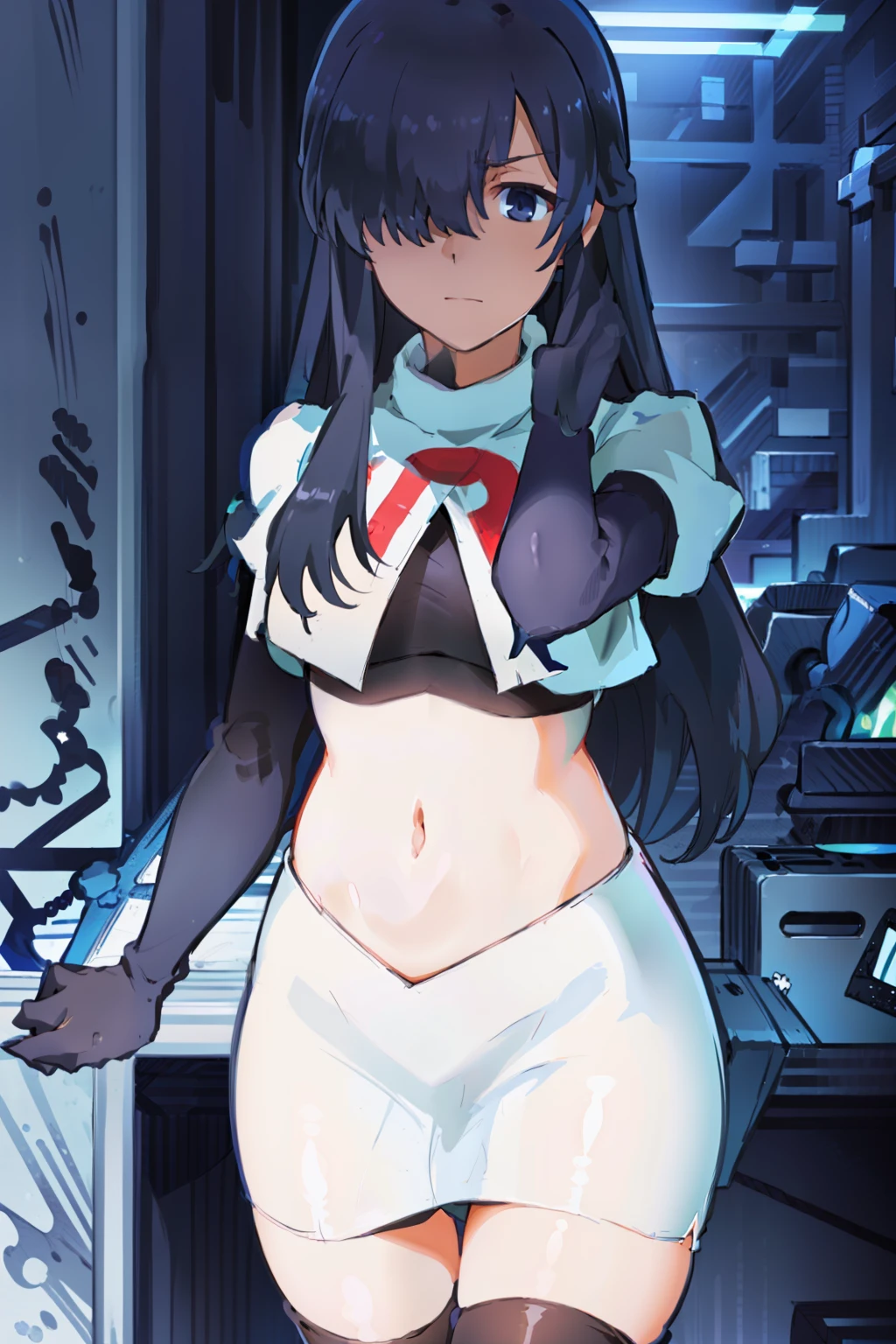 (((pixel-perfect, detail-perfect))), solo, 1girl, ayase ayatsuji, hair over one eye,looking at viewer, team rocket,team rocket uniform, red letter R, white skirt,white crop top,black thigh-highs,black elbow gloves,