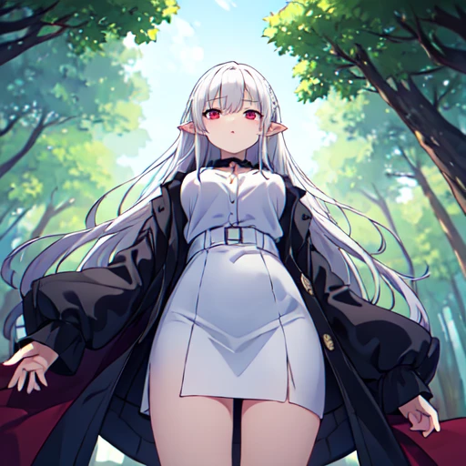 Young female skinny hipster with white hair and pointy ears, blood red eyes, Smooth jawline, Wearing a white shirt (Pale skin tone) hair is long, I grew up a little, ominous expression, Forest Cabin Background ,The hair goes down to the thighs., Composition looking up from below, Stand straight while looking ahead, He doesn't wear anything other than a dress shirt and has long hair.. hair is well organized. hair is straight. red eyes , red eyes , Looking straight ahead , Young Face