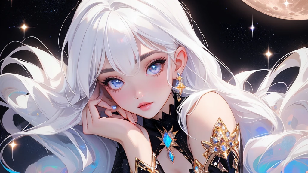 {-erro_de_anatomia:1.0} masterpiece, highest quality, (perfect face:1.1, (high detail)1.1, sweet stardust vampire , long soft white hair, opal eyes, perfectly drawn face, black dress, stars detailed background, prismatic lighting, glitter, whole body,  Laying on the moon.  Very sexy, with chin resting on shoulder , walkink on the stars with cristal shoes.