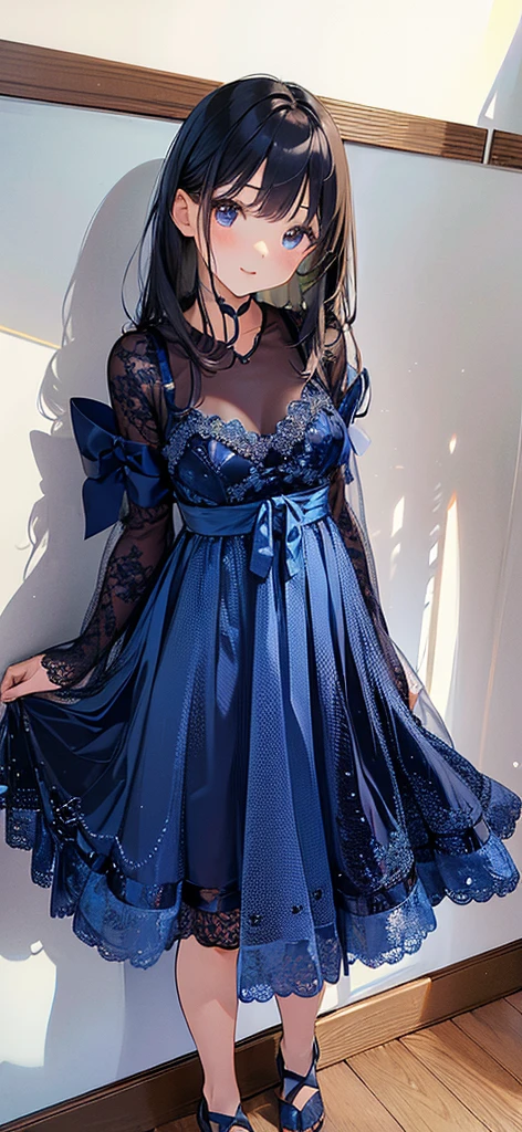 ((A very cute Japanese girl in a blue dress is standing in the room)), ((16-year-old girl)), translucent silky dress, translucent dress, (micro mini skirt:1.4),garter belt,((very small breasts)),((small breasts)), 8K,full length view, silk dress, Elegant navy blue dress, lace dress, see through dress