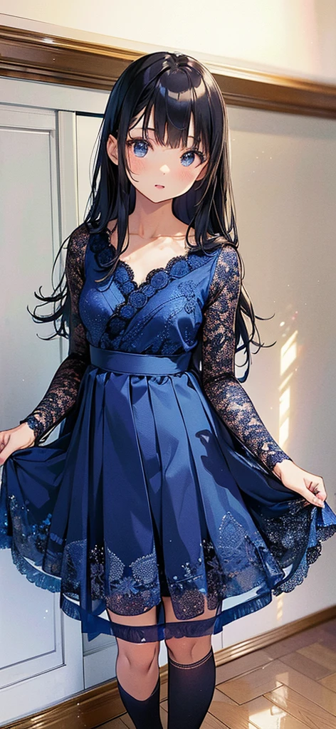((A very cute Japanese girl in a blue dress is standing in the room)), ((16-year-old girl)), translucent silky dress, translucent dress, (micro mini skirt:1.4),garter belt,((very small breasts)),((small breasts)), 8K,full length view, silk dress, Elegant navy blue dress, lace dress, see through dress