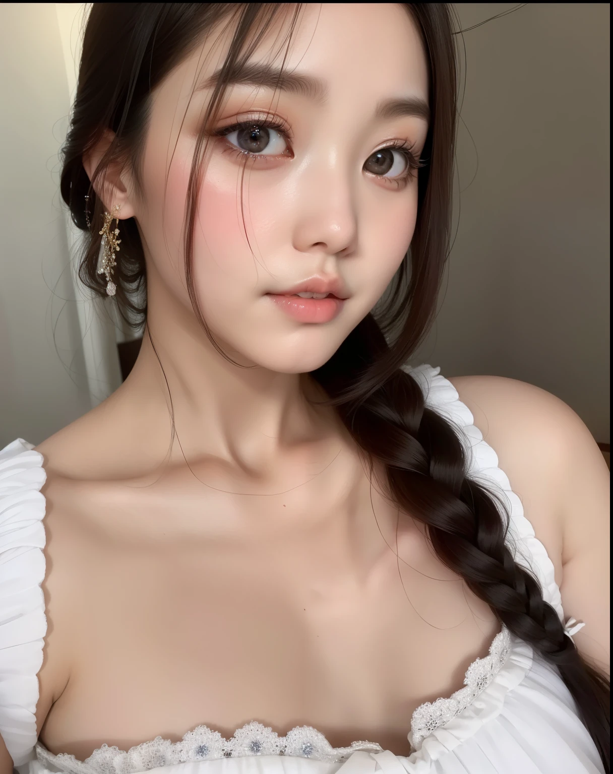 there is a woman with long hair wearing a white dress, beautiful south korean woman, korean girl, gorgeous young korean woman, beautiful young korean woman, dilraba dilmurat, beautiful asian girl, young cute wan asian face, young adorable korean face, wan adorable korean face, girl cute-fine-face, korean woman, lovely delicate face