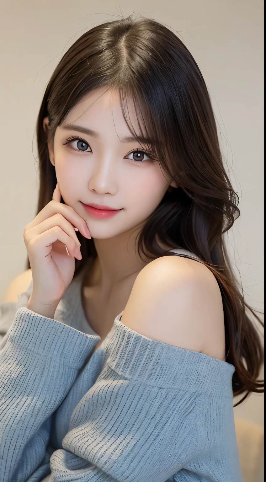 pieces fly, highest quality, shape, Super detailed, finely, High resolution, 8k wallpaper, 完璧なダイナミックな構shape, beautiful and detailed eyes, Long sleeve off-shoulder with random colors and designs,medium hair,small breasts,natural color lip, bold sexy pose,smile,latest office、20 year old girl、cute、sexy shot looking at camera,perfect and beautiful face and fingers,Take a close-up photo of your face,Take only the face、blur the background、anatomically and physiologically correct body、beautiful detailed face、perfect and beautiful double、small face