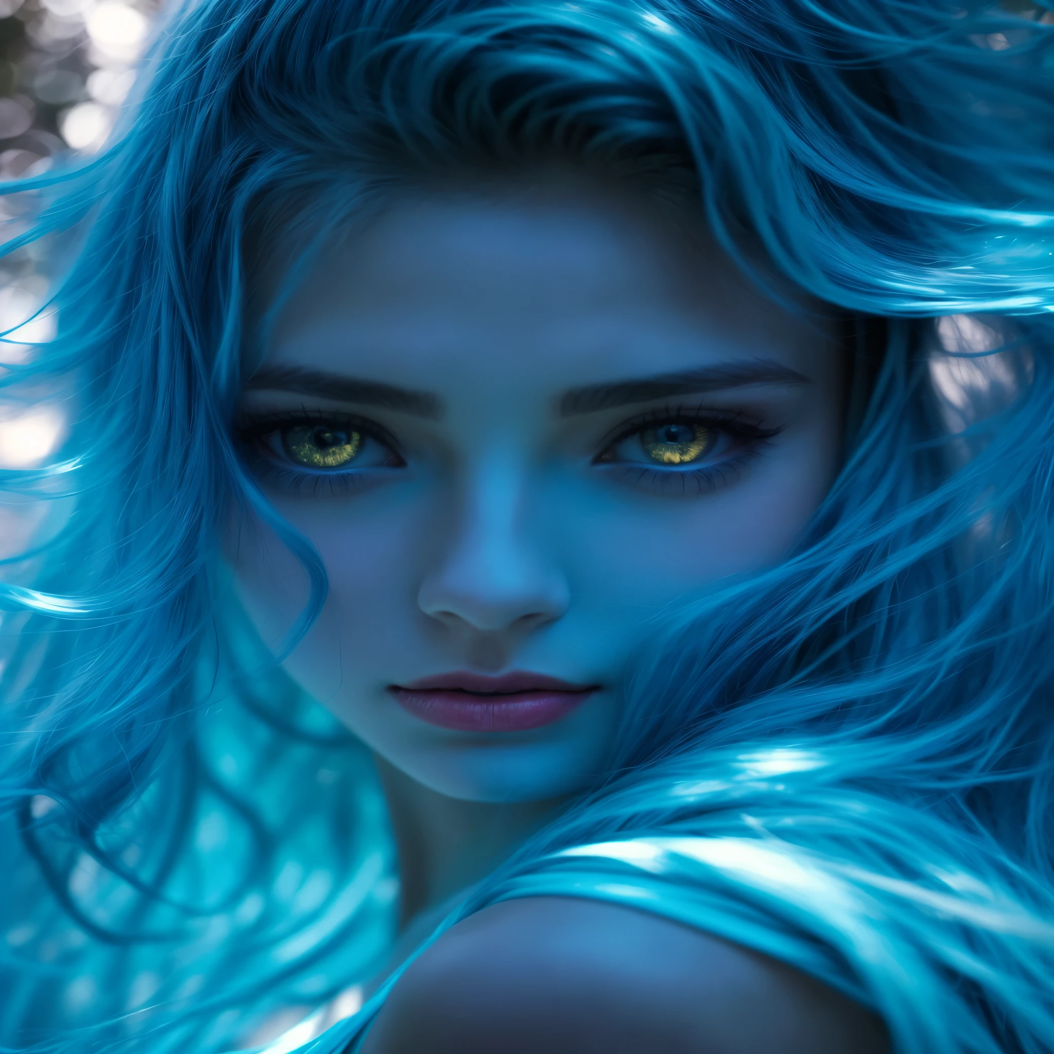a close up of a woman with blue hair and blue eyes, glowing blue face, girl with blue hair, beautiful blue haired girl, pretty girl with blue hair, soft portrait shot 8 k, fantasy portrait, beautiful fantasy portrait, detailed matte fantasy portrait, color photograph portrait 4k, beautiful woman with blue hair, azure eyes, bluish face, azure. detailed hair