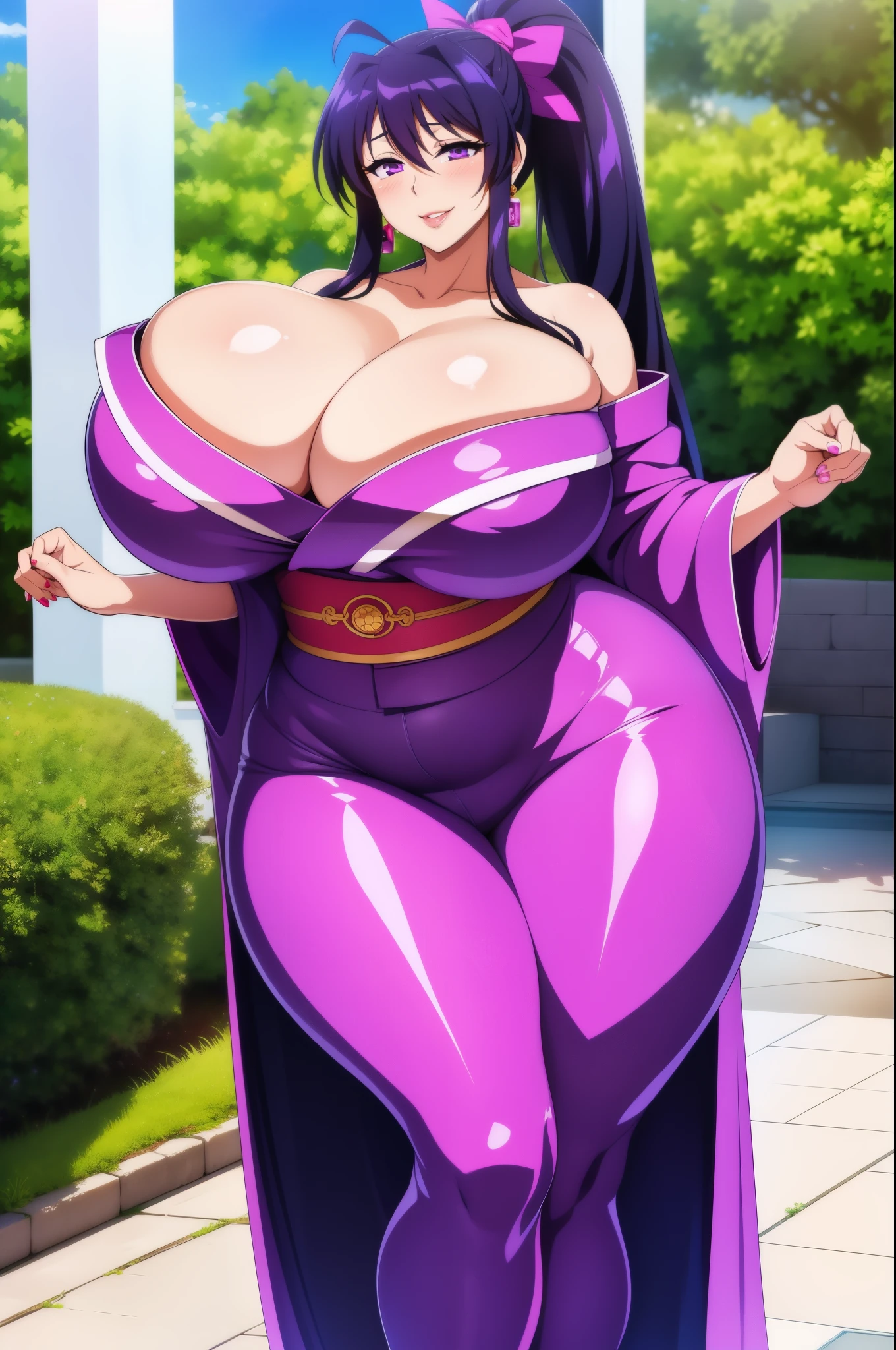 Masterpiece, high resolution, beautiful detailed face, Akeno Himejima, 1girl, (((bimbo))), long purple hair, purple eyes, ear ringimbo))), puffy lips, painted lips, sexy face, erotic smile face, blushing, thick lips, wide hips, thick thighs, huge round ass, enormous natural breasts, shiny oily breasts, thick saggy breasts, purple kimono, squishy breasts, legs,  