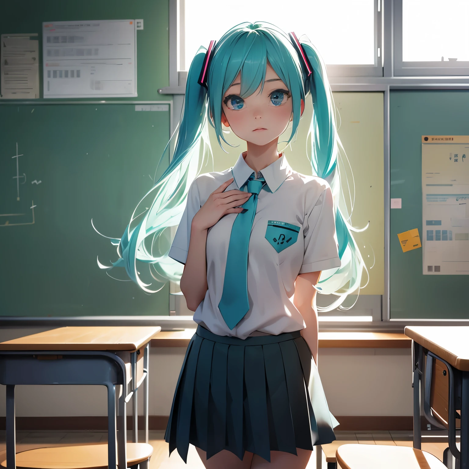 highest quality, expressive eyes, perfect face, 1 girl、hatsune miku、school uniform、short skirt、Alone in a school classroom、evening