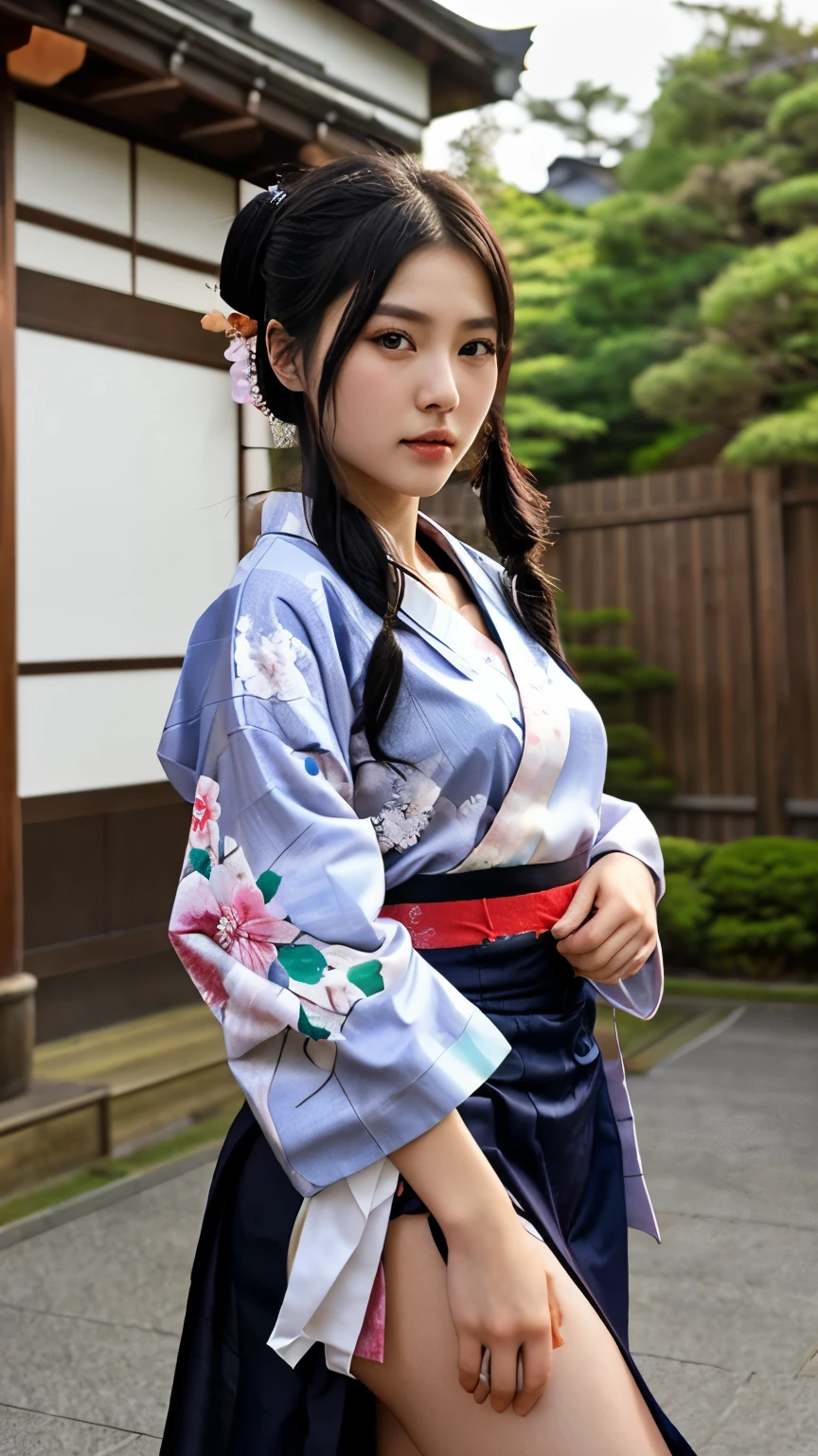 最high quality、high quality、best image quality、8K、最High resolution、High resolution、最high quality、masterpiece、realistic pictures、RAW photo、realistic atmosphere、(detailed face)、(fine hands、thumb１reference４)、(beauty of japan )、very nice face、cute face、((beautiful japanese girl))、(woman), ((18 year old beautiful girl))、(glossy black hair)、(straight long hair)、(ponytail)、whole body、slim style、(shiny skin)、(Fair skin, Glossy skin)、real human skin、realistic human body structure、perfect body， perfect face， perfect hands， perfect fingers， perfect lips， perfect eyes，perfect teeth、perfect background， perfect atmosphere，look at the camera、 natural soft light、samurai kimono、maiko kimono、servant、geisha kimono、japanese kimono、japanese traditional、In front of a samurai residence in Japan、((Random color of mesh fabric(floral samurai kimono、side slit hakama))、((Pose that makes your thighs look beautiful))
