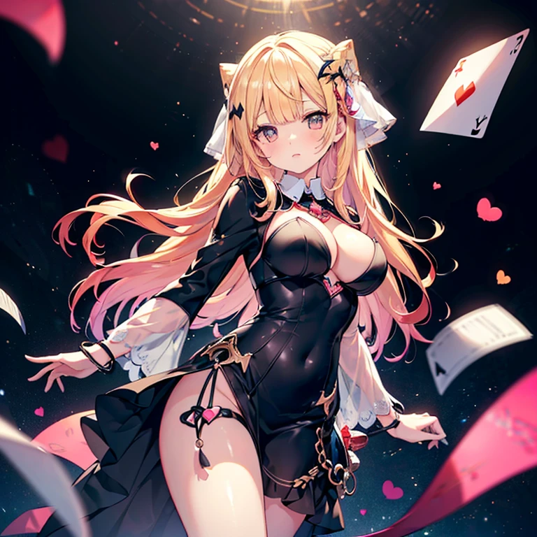 Pose with your hands on your chest I'm handcuffed I have handcuffs on my legs too.......... A dress filled with hearts Pink heart symbol seductive body attractive appearance heart background dark background Eroi body kiss face cute face angle from below big and full breasts Card Illustration
