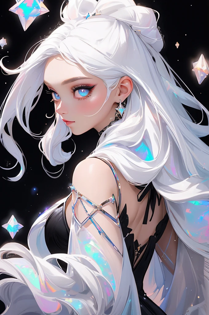{-erro_de_anatomia:1.0} masterpiece, highest quality, (perfect face:1.1, (high detail)1.1, sweet stardust vampire , long soft white hair, opal eyes, perfectly drawn face, black dress, stars detailed background, prismatic lighting, glitter, whole body, Dancing lightly. backwadrs, Looking back. Very sexy, with chin resting on shoulder.