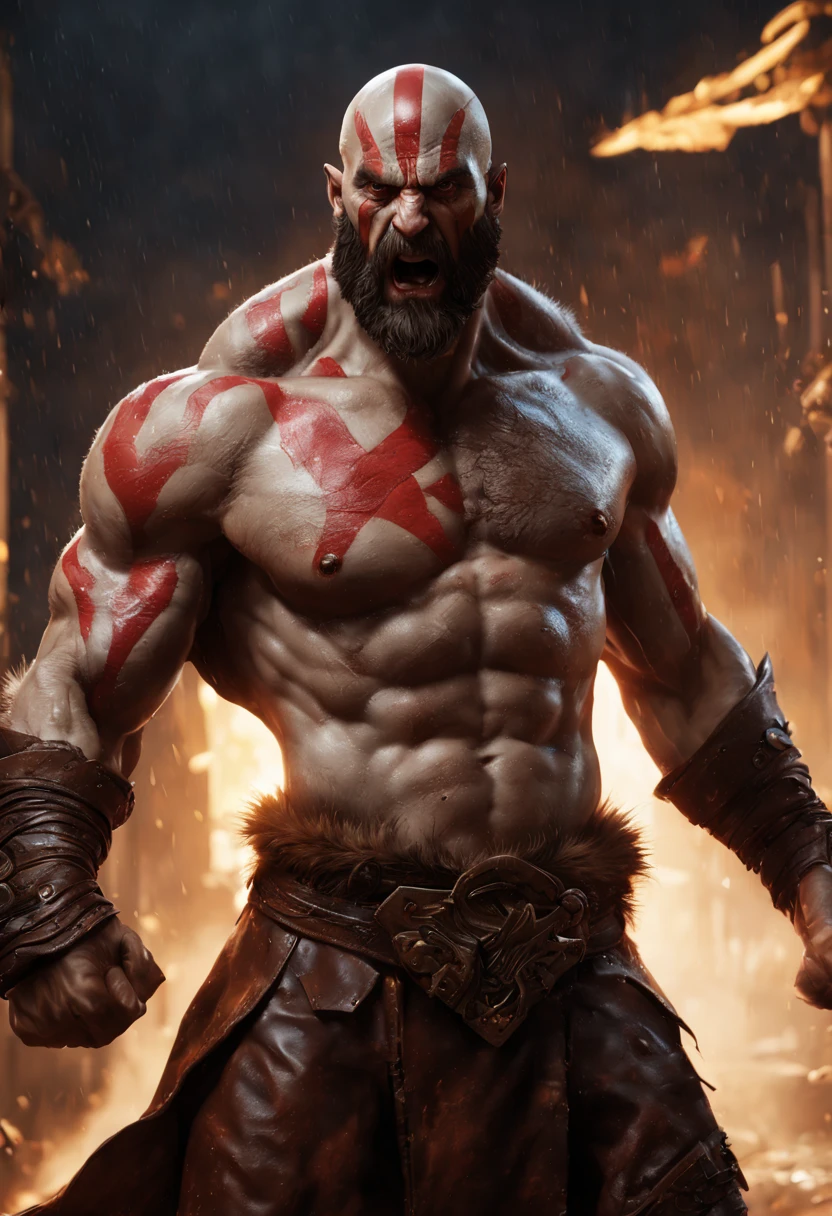 (professional 3d render:1.3) af (Realistic:1.3) most beautiful artwork photo in the world，Features soft and shiny male heroes, ((Epic hero fantasy muscle man KRATOS rough wet hero angry look long hair short beard and ferocious expression in dynamic pose, Fighting giant muscular T-Rex Theriantrophy ready to fight it. (BACK ANGLE) , Fantastic location, Majestic cluttered environment)), full body 8k unity render, action shot, skin pore, very dark lighting, heavyshading, Detailed, Detailed face, (vibrant, photograph realistic, Realistic, Dramatic, Dark, Sharp focus, 8K), (Old leather garments damaged by weathering:1.4), ((((Wear fur)))), (Intricate:1.4), decadent, (Highly detailed:1.4), Digital painting, rendering by octane, art stations, concept-art, smooth, Sharp focus, illustration, Art germ, (loish:0.23), wlop ilya kuvshinov, and greg rutkowski and alphonse mucha gracias, (Global illumination, Studio light, volumettic light), heavy rain, particles floating, lotr, fantasy, elf, full bodyesbian, ((Dark and ancient city background:1.3)),CGSesociety,art stations,ray tracing, Bokeh