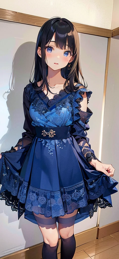 ((A very cute Japanese girl in a blue dress is standing in the room)), ((-yeld gi), translucent silky dress, translucent dress, (micro mini skirt:1.4),garter belt,((very small breasts)),((small breasts)), 8K,full length view, silk dress, Elegant navy blue dress, lace dress, see through dress