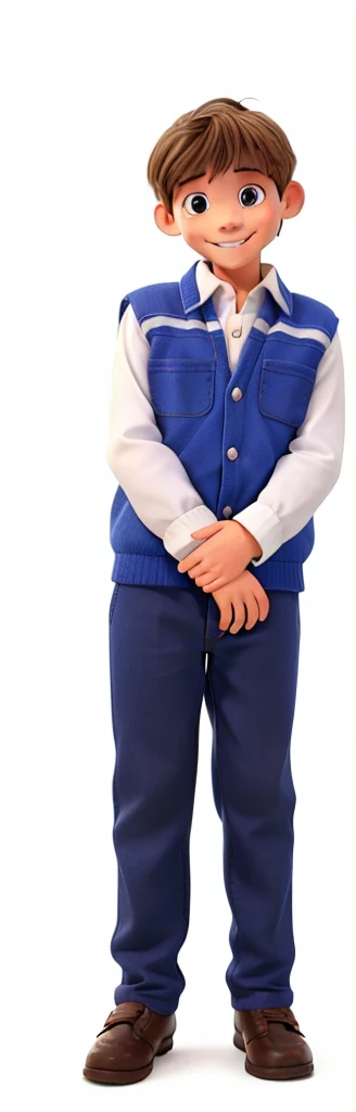 Lucas is a smiling 10-year-old human boy., sonriente , de pie, con camisa blanca, chaleco azul con cremallera, zapatoz,