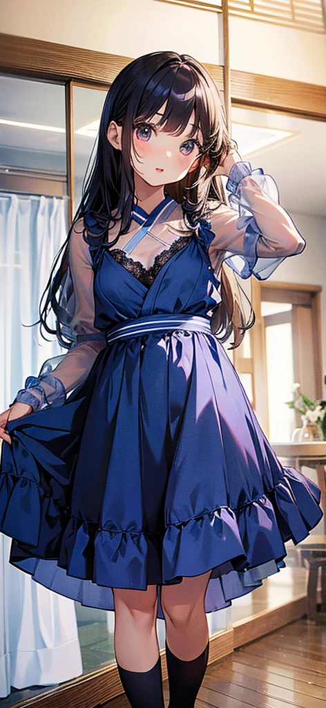 ((A very cute Japanese girl in a blue dress is standing in the room)), ((-yeld gi), translucent silky dress, translucent dress, (micro mini skirt:1.4),garter belt,((very small breasts)),((small breasts)), 8K,full length view, silk dress, Elegant navy blue dress, lace dress, see through dress
