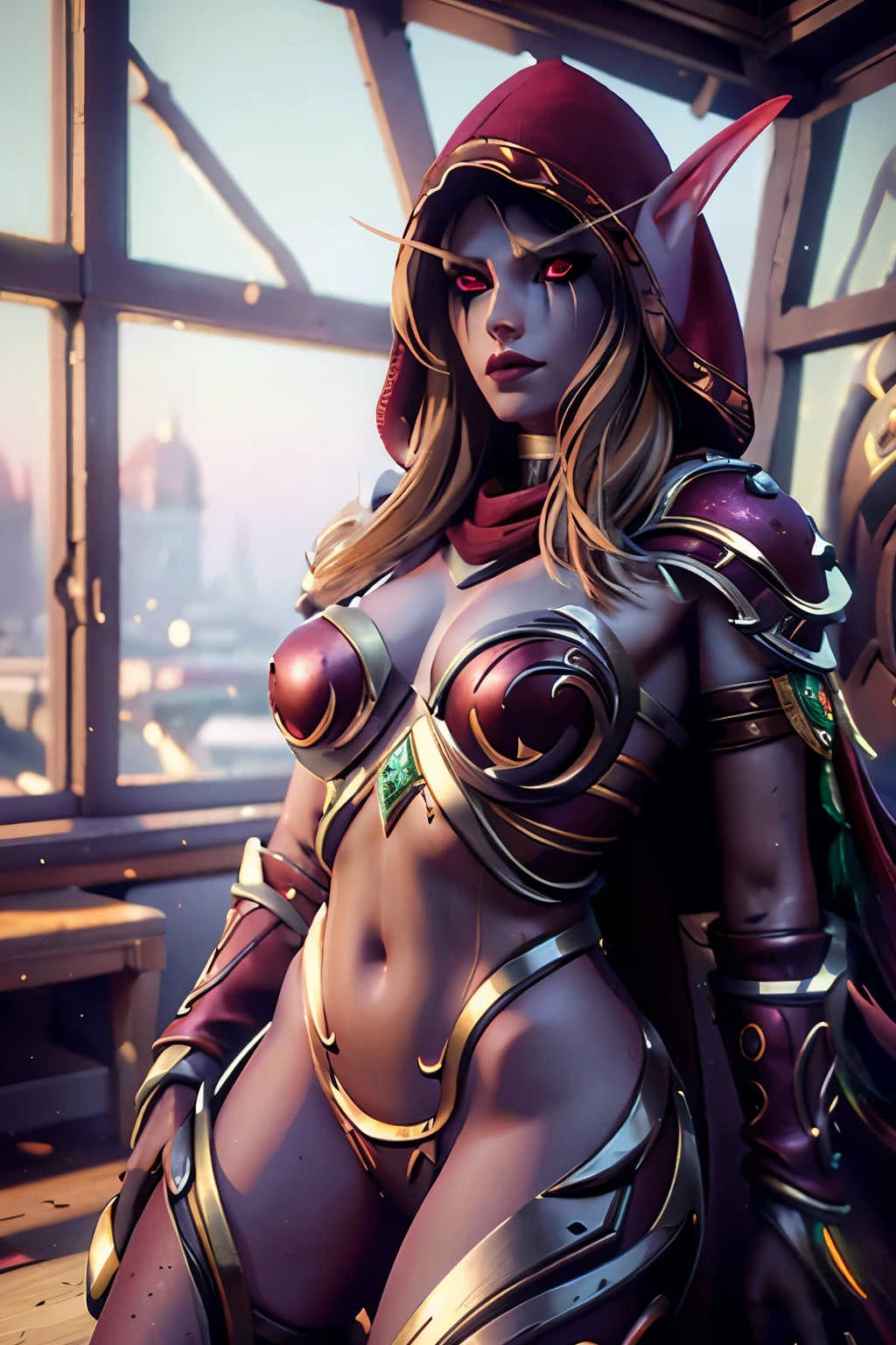 realistic, realism, photorealism, photorealistic, high contrast, (photorealistic:1.4), 8k high definition detailed realistic, (best quality, masterpiece:1.2), NSFW, photon mapping, radiosity, physics-based rendering, best quality, highly detailed,sylvanas, elf, elf ear, elf ear, red eyes, hood up, full body, look at viwer, semi-nude body, big tits, body fit, hourglass body.