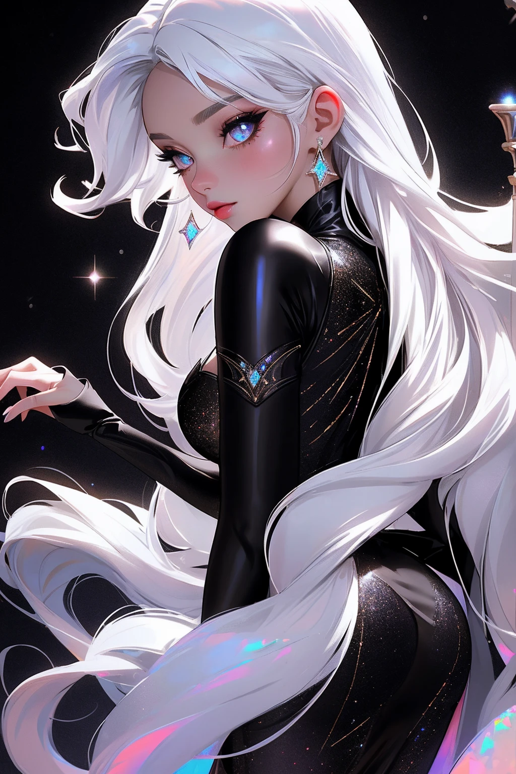 {-erro_de_anatomia:1.0} masterpiece, highest quality, (perfect face:1.1, (high detail)1.1, sweet stardust vampire , long soft white hair, opal eyes, perfectly drawn face, black dress, stars detailed background, prismatic lighting, glitter, whole body,  Dancing lightly. backwadrs, Looking back. Very sexy, with chin resting on shoulder.