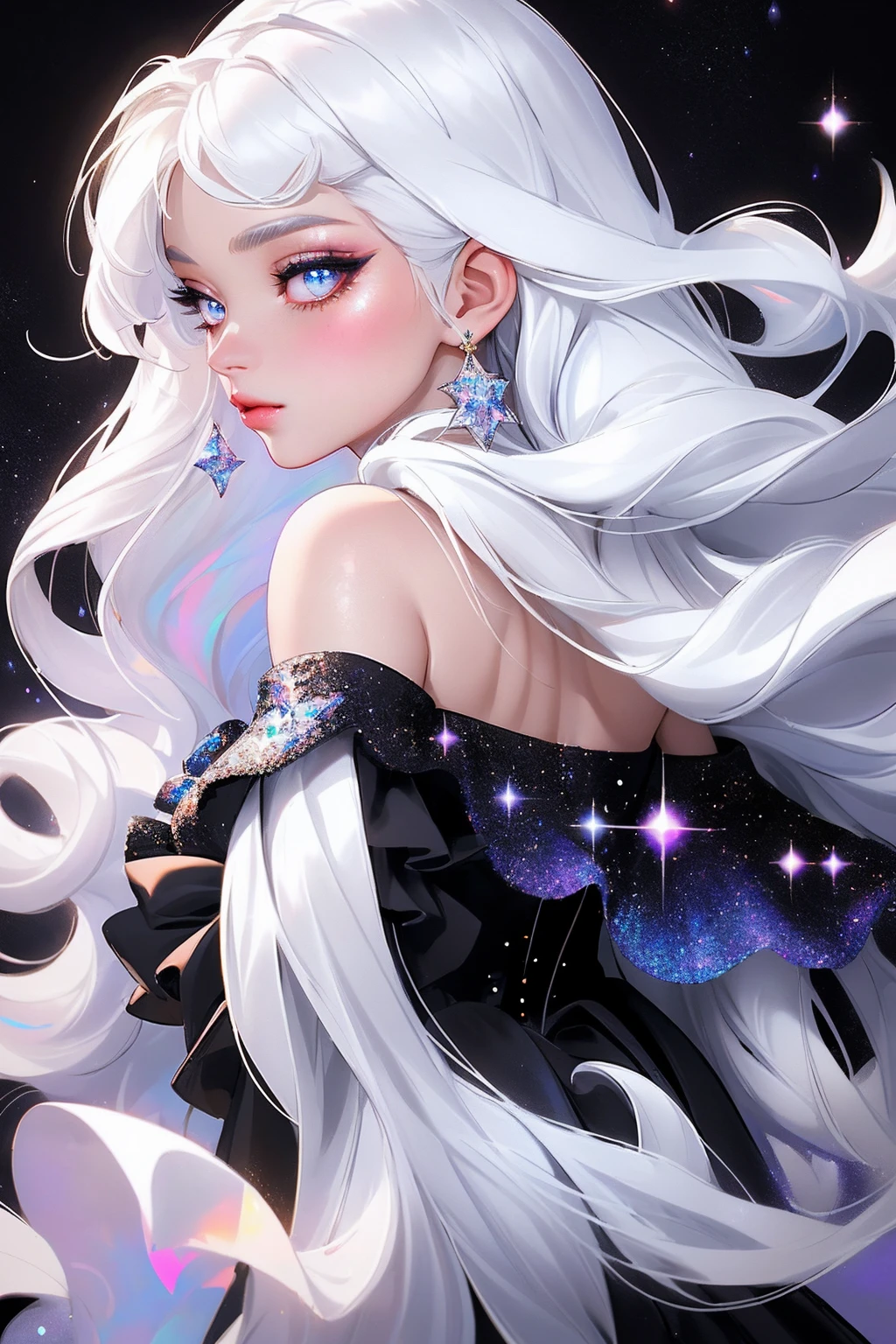 {-erro_de_anatomia:1.0} masterpiece, highest quality, (perfect face:1.1, (high detail)1.1, sweet stardust vampire , long soft white hair, opal eyes, perfectly drawn face, black dress, stars detailed background, prismatic lighting, glitter, whole body,  Dancing lightly. backwadrs, Looking back. Very sexy, with chin resting on shoulder.