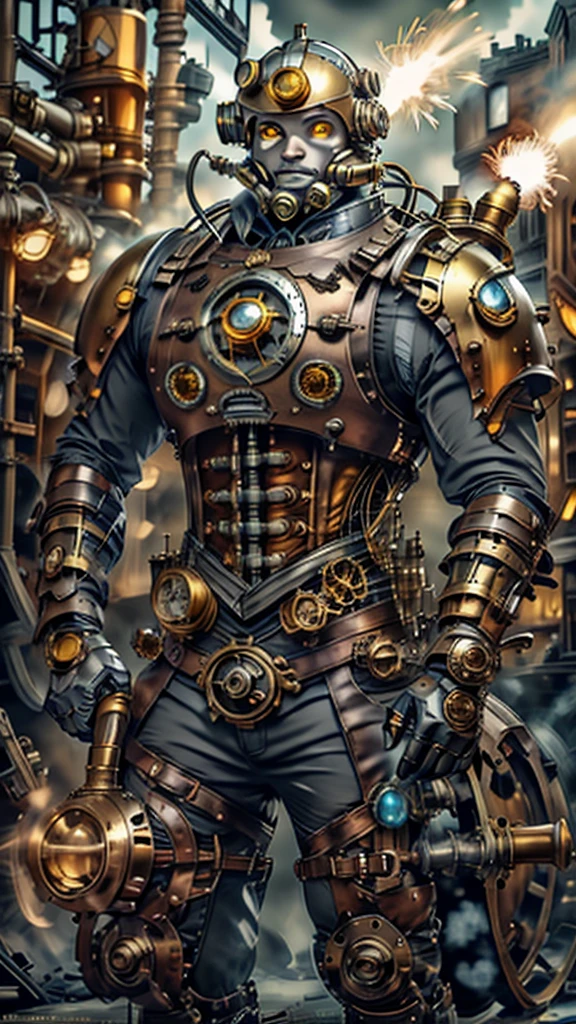 Creature in mechanical helmet with yellow eyes and heavy steampunk mechanical armored armor with holes with very bright blue lights and holding a giant sledgehammer with fireworks on the side and gray watercolor background 