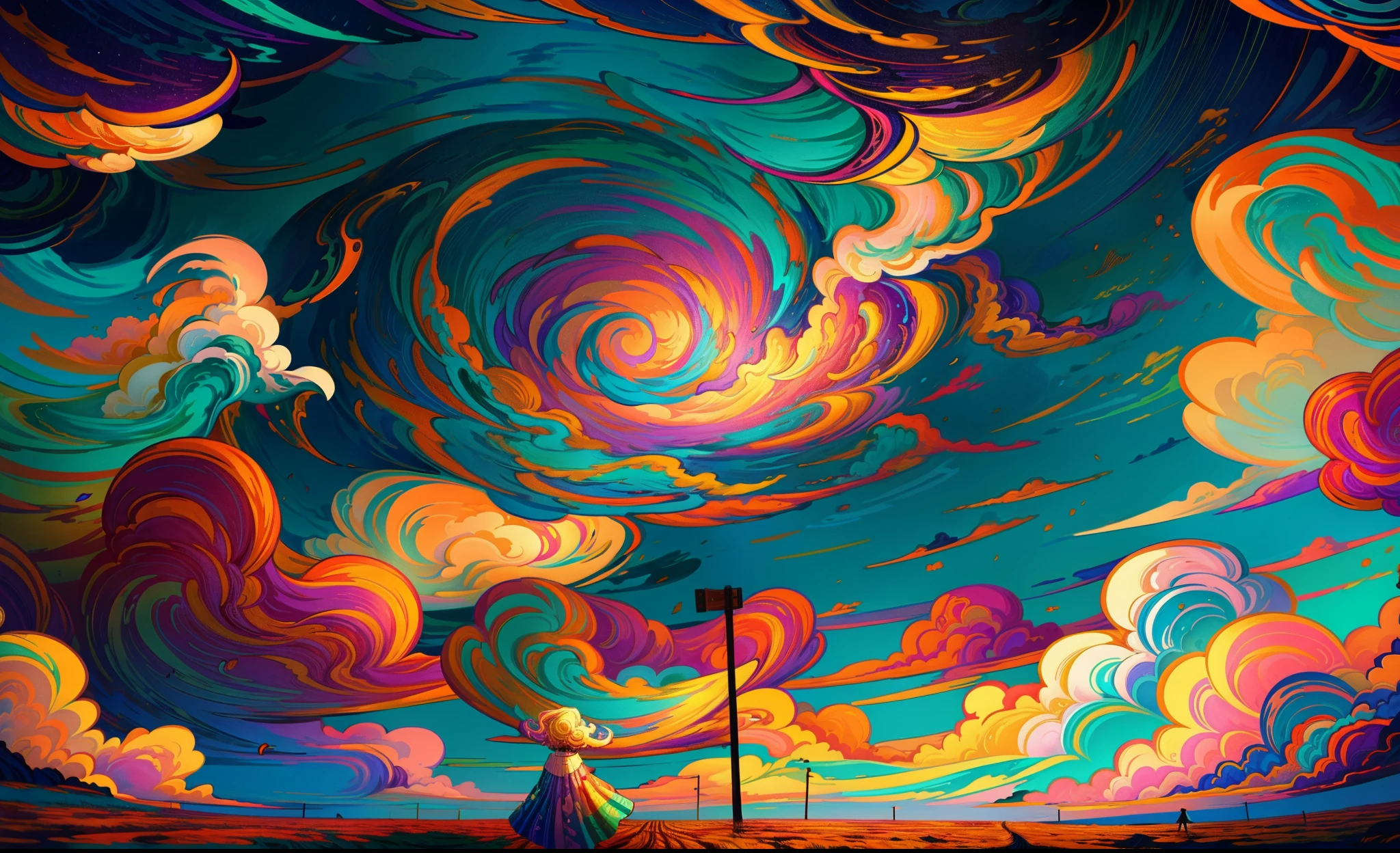 painting of a person standing under a colorful cloud filled sky, colorful swirly magical clouds, swirling clouds, swirly clouds, burning clouds, dramatic swirling clouds, cloud vortex, swirley clouds, psychedelic clouds, sunset clouds, jen bartel, glowing clouds, spiral clouds, inspired by RHADS, harmony of swirly clouds