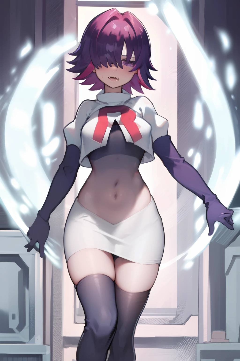 (extremely detailed CG), (best quality), perfect face, shiny skin, lustrous skin,wide hips,  narrow waist,  1girl,solo ,     DotPoke, hair over one eye, purple eyes,short hair, multicolored hair, pink hair, purple hairhair over eyes, team rocket,team rocket uniform,white skirt,red letter R,crop top,black thigh-highs,black elbow gloves, eating donut