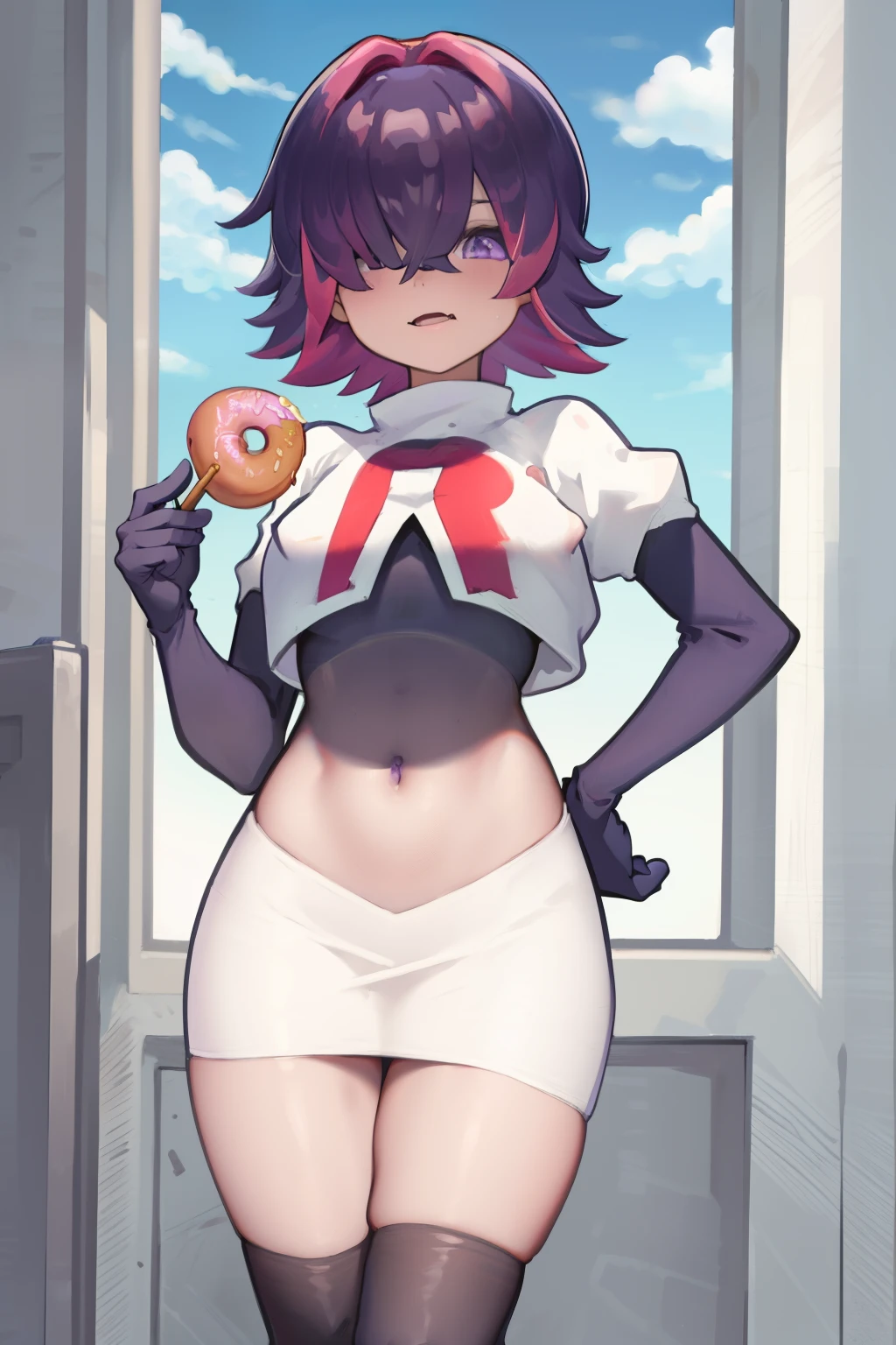 (extremely detailed CG), (best quality), perfect face, shiny skin, lustrous skin,wide hips,  narrow waist,  1girl,solo ,     DotPoke, hair over one eye, purple eyes,short hair, multicolored hair, pink hair, purple hairhair over eyes, team rocket,team rocket uniform,white skirt,red letter R,crop top,black thigh-highs,black elbow gloves, eating donut