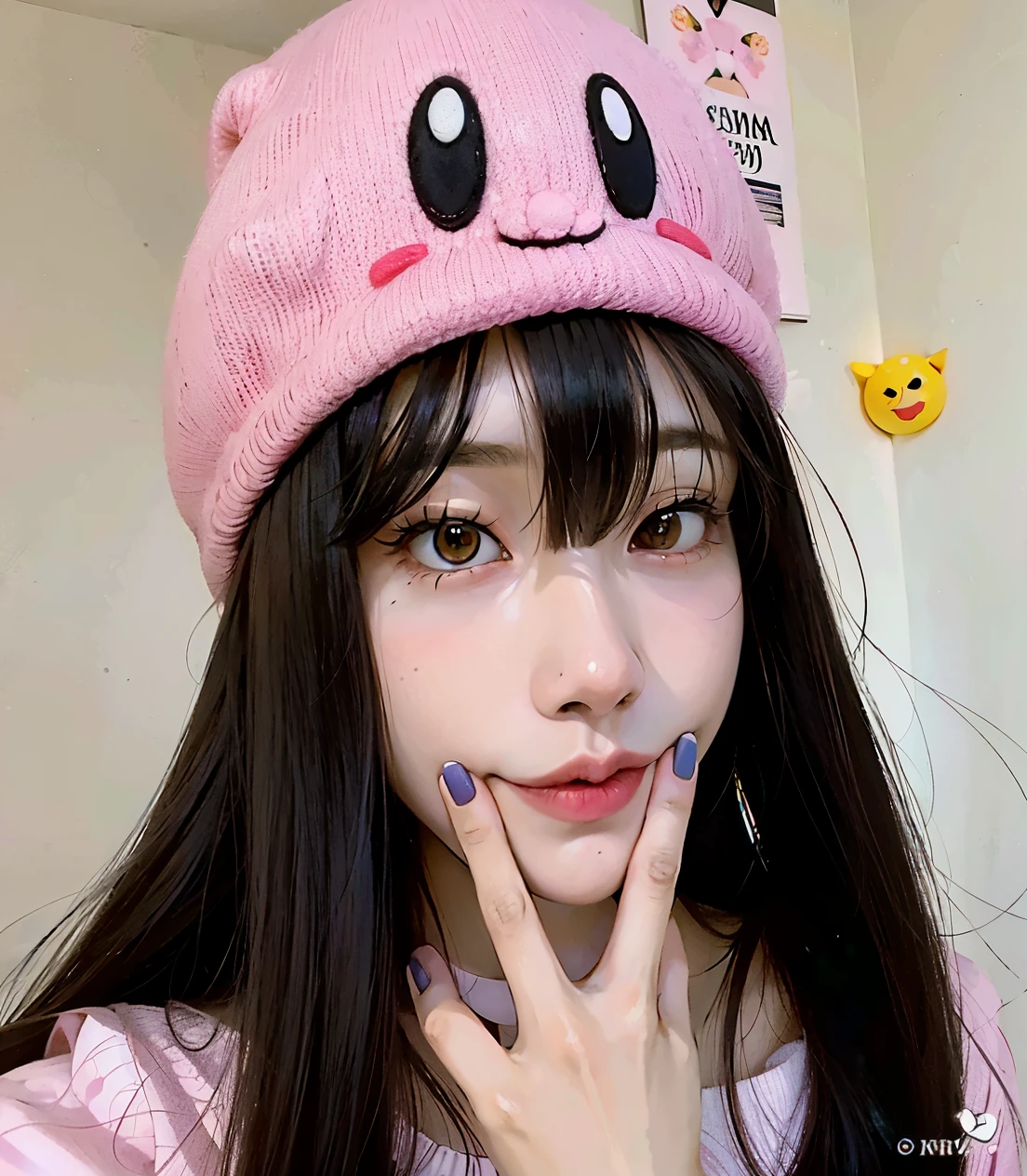 Chica arafed con un sombrero rosa y una cara sonriente., linda chica kawaii, ulzzang, retrato realista kawaii, linda cara de anime natural, linda cara de anime, with beautiful loving eyes, bella delfina, usando un lindo sombrero, chica anime en la vida real, Cara de chica de anime extremadamente linda, ella tiene una linda cara expresiva, pale korean adorable face