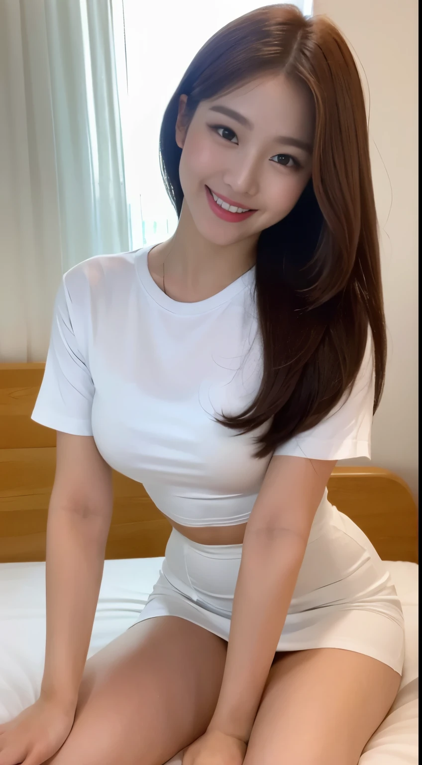 White tight shirt、White tight mini skirt、bed、smile、short sleeve、high resolution、Hallyu Idol Face