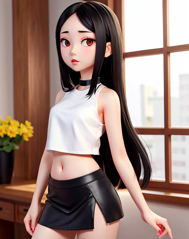 Asian girl, long black hair, long straight hair, crop tank top, mini skirt, pale white skin