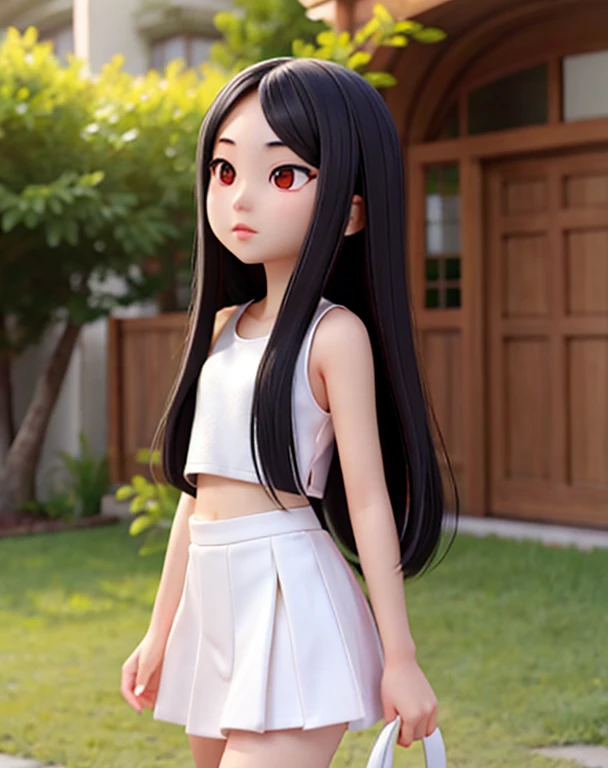 Asian girl, long black hair, long straight hair, crop tank top, mini skirt, pale white skin
