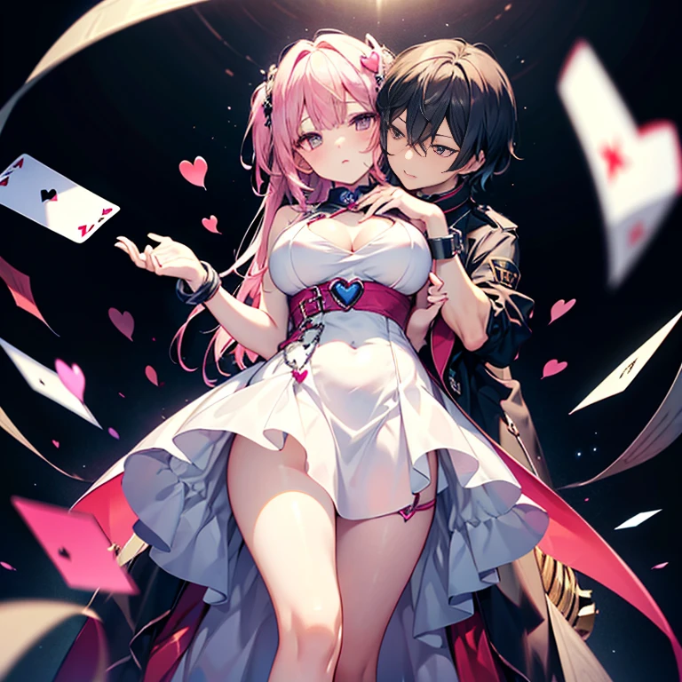 Pose with your hands on your chest I'm handcuffed I have handcuffs on my legs too.......... A dress filled with hearts Pink heart symbol seductive body attractive appearance heart background dark background Eroi body kiss face cute face angle from below big and full breasts Card Illustration