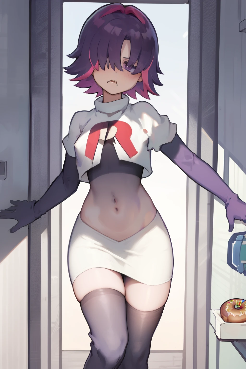 (extremely detailed CG), (best quality), perfect face, shiny skin, lustrous skin,wide hips,  narrow waist,  1girl,solo ,     DotPoke, hair over one eye, purple eyes,short hair, multicolored hair, pink hair, purple hairhair over eyes, team rocket,team rocket uniform,white skirt,red letter R,crop top,black thigh-highs,black elbow gloves, eating donut