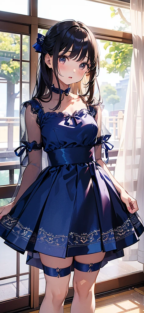 ((A very cute Japanese girl in a blue dress is standing in the room)), ((16-year-old girl)), translucent silky dress, translucent dress, (micro mini skirt:1.4),garter belt,(very small breasts:1.4),(small breasts:1.4), 8K,full length view, silk dress, Elegant navy blue dress, lace dress, see through dress