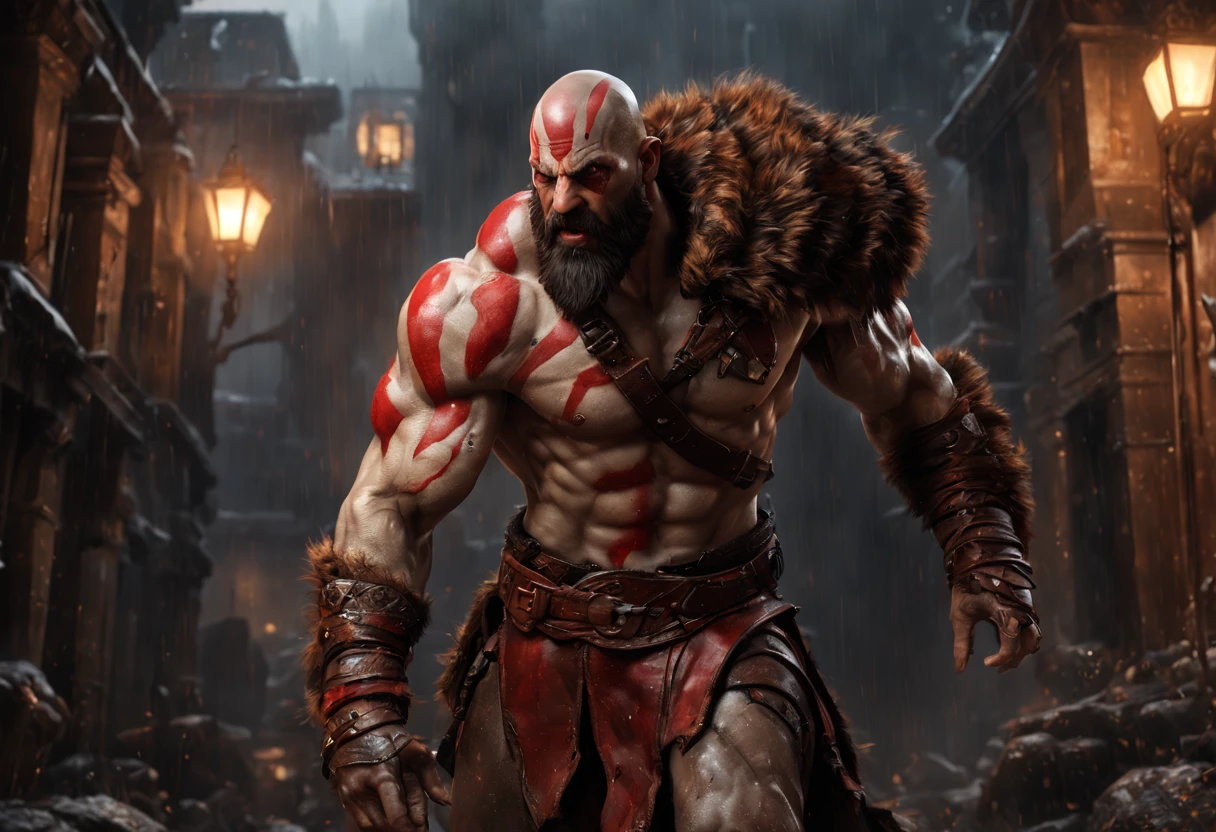 (professional 3d render:1.3) af (Realistic:1.3) most beautiful artwork photo in the world,Features soft and shiny male heroes, ((Epic hero fantasy muscle man KRATOS rough wet hero angry look long hair short beard and ferocious expression in dynamic pose, Fighting giant muscular T-Rex Theriantrophy ready to fight it. (BACK ANGLE) , Fantastic location, Majestic cluttered environment)), full body 8k unity render, action shot, skin pore, very dark lighting, heavyshading, Detailed, Detailed face, (vibrant, photograph realistic, Realistic, Dramatic, Dark, Sharp focus, 8K), (Old leather garments damaged by weathering:1.4), ((((Wear fur)))), (Intricate:1.4), decadent, (Highly detailed:1.4), Digital painting, rendering by octane, art stations, concept-art, smooth, Sharp focus, illustration, Art germ, (loish:0.23), wlop ilya kuvshinov, and greg rutkowski and alphonse mucha gracias, (Global illumination, Studio light, volumettic light), heavy rain, particles floating, lotr, fantasy, elf, full bodyesbian, ((Dark and ancient city background:1.3)),CGSesociety,art stations,ray tracing, Bokeh