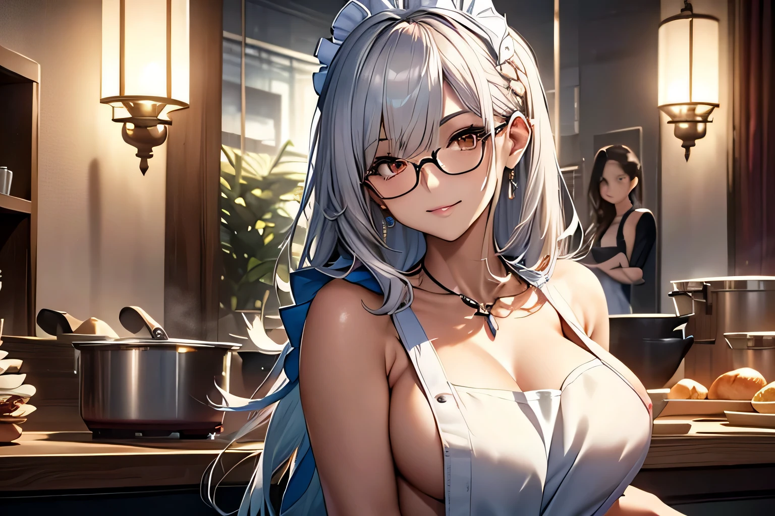 Beautiful Ala-Fed Woman,(Women only:1.7),(naked apron:1.7),Glasses,With a round face,smile gently,Fishbone hair with elaborate braid setup,Shiny silver and orange inner color,See-through bang,big and full breasts,have、big and full breastsを強調したnaked apron.,open jacket,Tight Skirt,hairpin,necklace,earrings,sit properly on the bed in the bedroom,sit properly in the bedroom(professional lighting),(In 8K,table top,highest quality,Ultra high resolution output image,),(Ultra HD with complex detail image modes),written boundary depth,beautiful hands,beautiful fingers,Detailed functions of fingers,(Detailed characteristics of hair:1.7),detailed facial features,Detailed features of the garment, Dynamic and sexy poses,Angles that look super sexy,(Composition that focuses from the face to the chest:1.3)