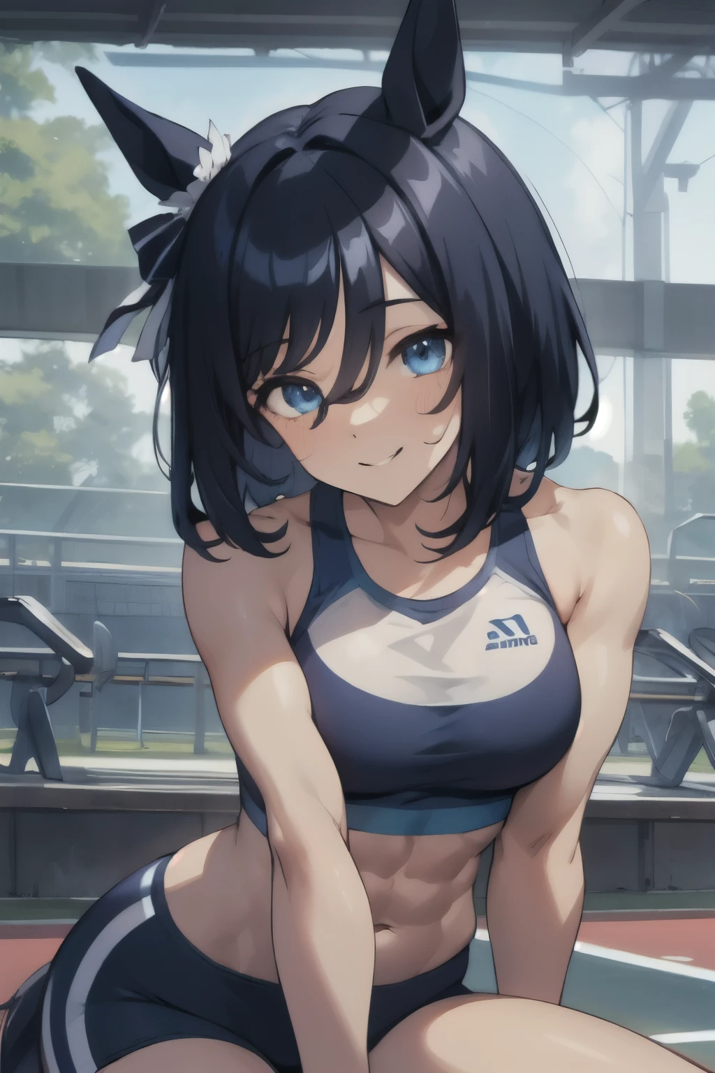 eishin flash\(umamusume\), ((ultra-detailed face)), masterpiece, best quality, symmetrical face, beautiful face, slender, sports bra, horse tail, smile, athletics track, large tits, muscle, abs, hand between legs