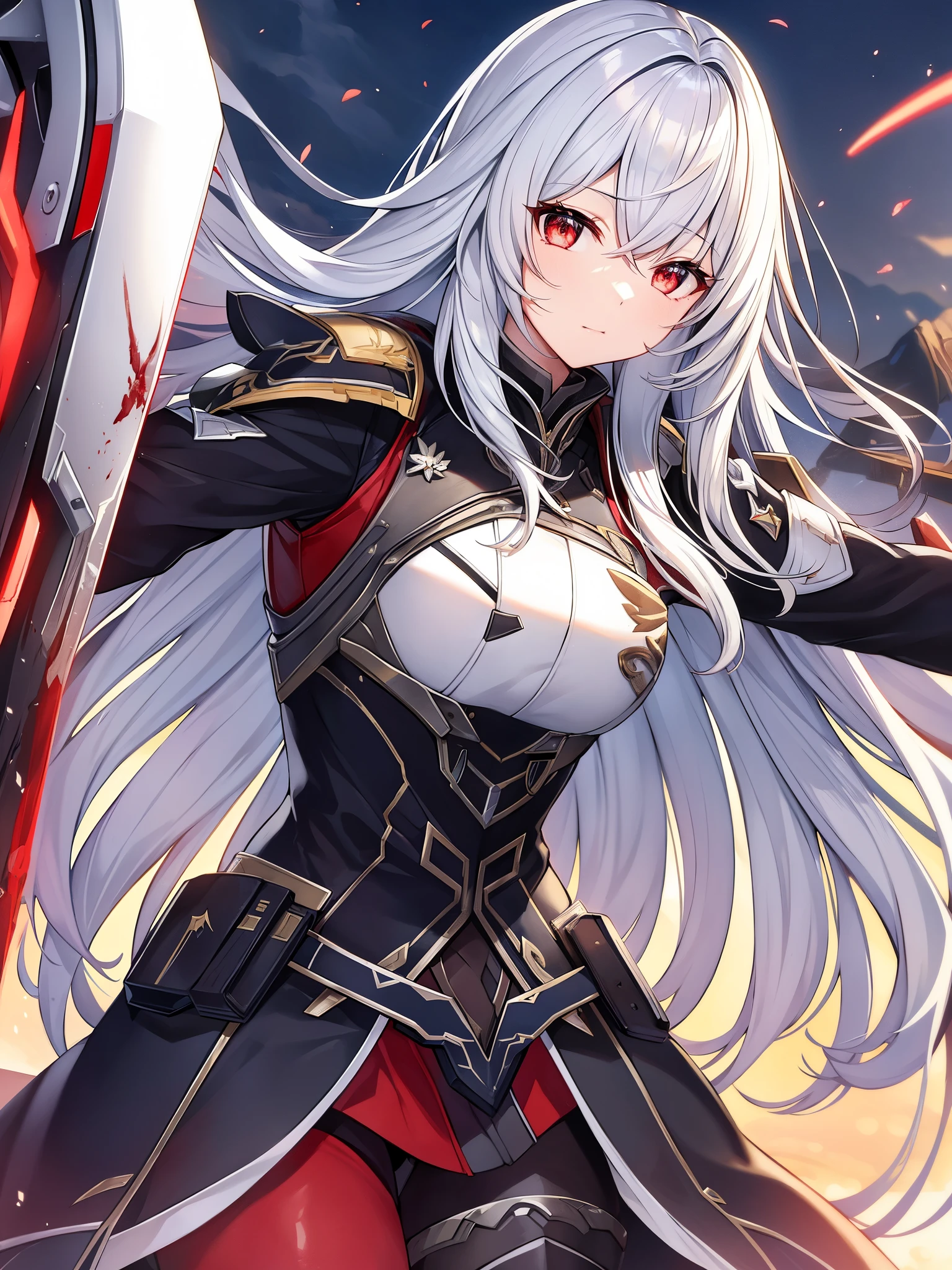 1 person per Japan、WARFRAME、Prime、ライノPrime、ボルトPrime、サリンPrimeダイナミックポーズ、complicated pattern、heavy metal、energy line、no face、shining eyes、long silver hair、hair blowing in the wind、elegant、strong、blood red and black uniform、Bloody wings、solo、desert、sunny、bright、nail、dramatic lighting、(masterpiece:1.2)、highest quality、High resolution、beautiful details、very detailed、perfect lighting、Stroke Hua、from below