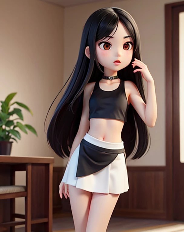 Asian ager, long black hair, long straight hair, crop tank top, mini skirt, pale white skin