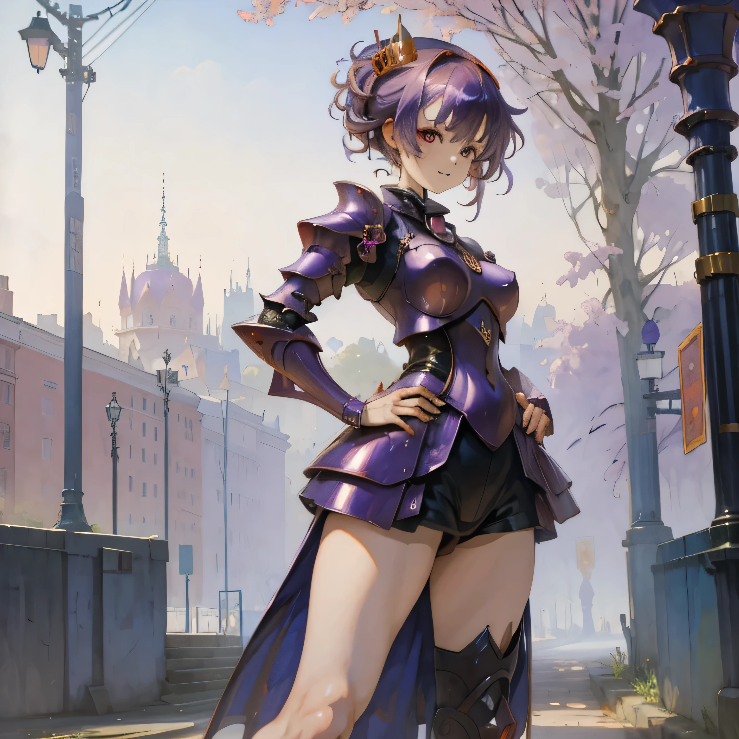 anime girl, glossy purple hair, long hime cut, intricated cyber armor, smile, red eyes, looking the viewer, posing, hands on hip, streets