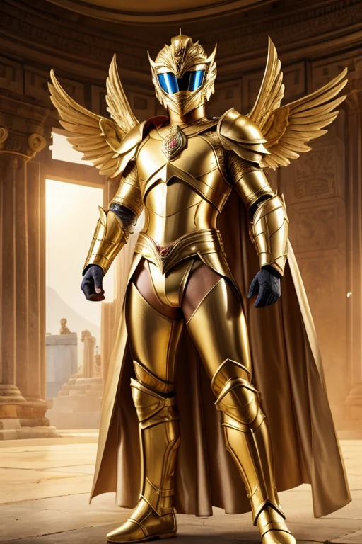 an extremely handsome young man, 18 years old, {{{slightly tanned skin with yellow eyes with an athletic, naked body beneath the armor}}}, {{{with golden armor}}}, {{{details of the wings on the helmet}} }, create a theme of Greek god Metalic, Power Ranger, ancient dress, full body, Olympic athletes, {{{showing face}}}, {{{holding helmet}}}