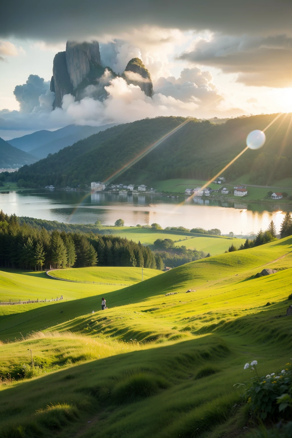 A lush green grassland,Sway gently with the breeze,Like a soft hair of the earth。sun shining through clouds,Sprinkle golden light,Make the grassland look more dazzling。