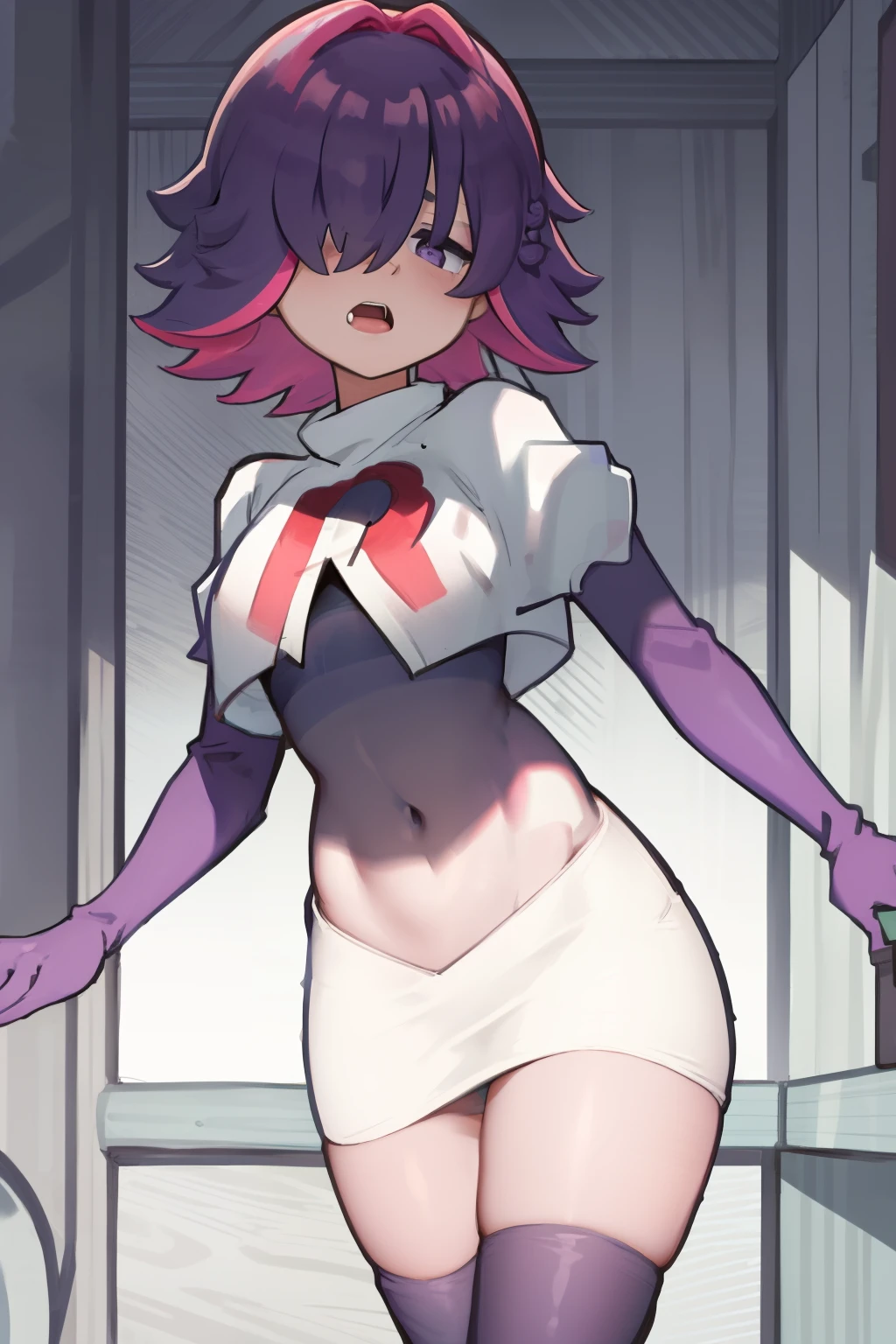 (extremely detailed CG), (best quality), perfect face, shiny skin, lustrous skin,wide hips,  narrow waist,  1girl,solo ,     DotPoke, hair over one eye, purple eyes,short hair, multicolored hair, pink hair, purple hairhair over eyes, team rocket,team rocket uniform,white skirt,red letter R,crop top,black thigh-highs,black elbow gloves, eating donut