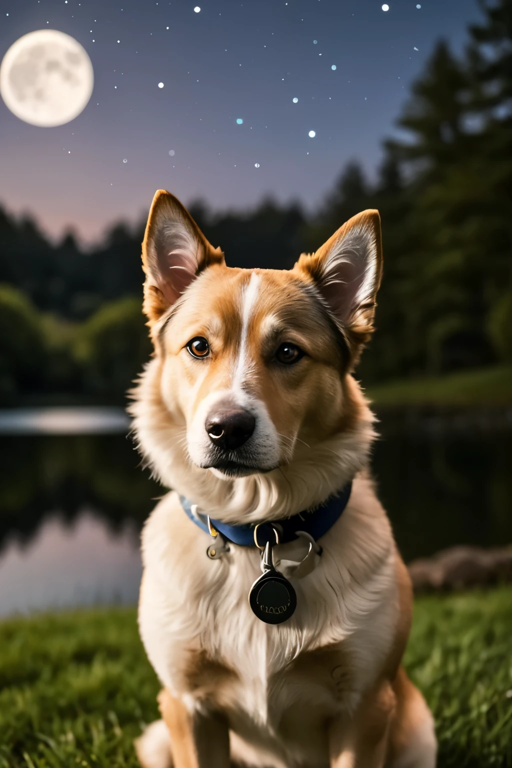 "A calm and affectionate scene: a friendly dog sitting with its face turned towards the viewer, eyes gleaming with a soft reflection of the night's moonlight. The environment is a clear, starlit night, with the dog in a relaxed pose on a grass-covered knoll that gently slopes down towards a tranquil lakeside. The moon casts a luminous path across the water surface, and the dog's coat showcases a blend of subtle shadows and highlights, demonstrating texture and detail. The camera's focus is on the dog's face, capturing every strand of fur, the distinct whiskers, and the warm, inviting eyes that direct a gentle gaze at the viewer. The background is a subtle bokeh of the gentle night, with a sprinkle of starlight that does not distract from the dog's face. High resolution is used purposefully to ensure the dog appears inherently part of the serene nighttime tableau and that the overall image resonates with a feeling of peace and companionship."