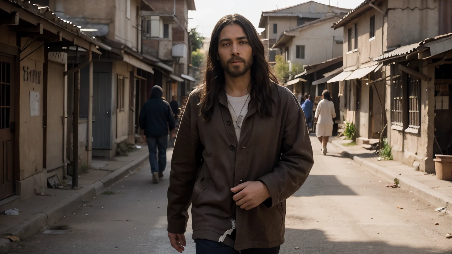 Generate an image depicting Jesus walking through a humble village, surrounded by the less fortunate. Envision Him embracing the impoverished with a radiant glow emanating around Him. Capture the compassion and warmth in this scene, emphasizing the connection between Jesus and the impoverished community. ultra realistic